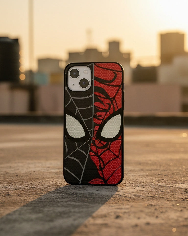 Phone case with Spider-Man design on a rooftop at sunset